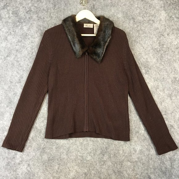 Vintage Jackets & Blazers - Vintage Sweater Jacket L 12 14 Brown Ribbed Knit Slim Fit Faux Fur Collar Casual